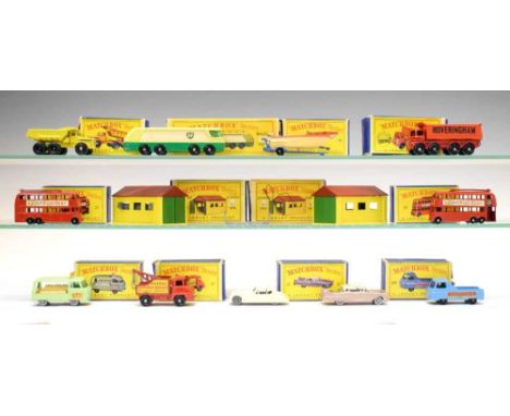 Ten boxed Matchbox Series Lesney diecast model vehicles comprising; 56 Trolley Bus, 56 Trolley Bus, 17 8-Wheel Tipper, 6 Eucl