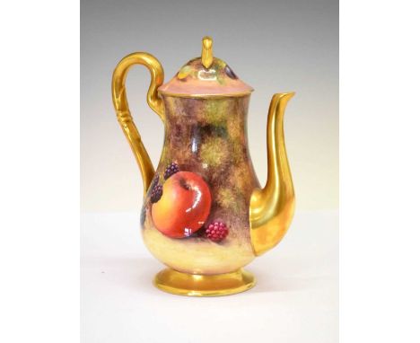 Royal Worcester porcelain fruit-painted coffee pot, of bulbous form decorated with peaches, white grapes, blackberries and an