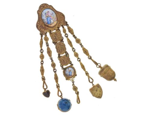 French metal five suspension chatelaine, makers mark struck to the clip, with a thimble case, a locket, a Swiss 'Lapis' spher