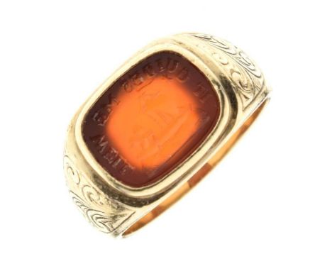 9ct gold carnelian intaglio ring, London 1993, the intaglio possibly Victorian, of a cherub in a boat with a distant star and