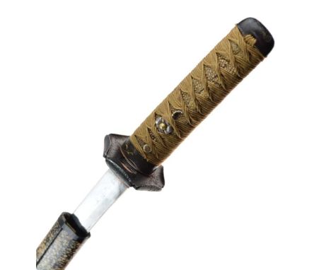 Japanese Wakizashi, the hilt covered with ray-skin &amp; bound with tan braid, engraved floral hilt mounts, the plain iron si