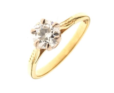 Diamond single stone ring, stamped '18ct', the transitional brilliant cut of approx 0.7 carats, size L, 2.4g gross approxCond