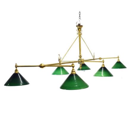 20th Century brass-framed six-branch Snooker or Billiards table ceiling light, attributed to Christopher Wray, of tubular des