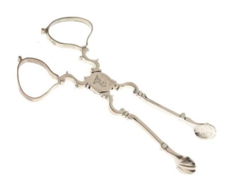 Pair of George II silver scissor action sugar nips, with circular box pivot and shell cast pads, sponsors marks to each loop 