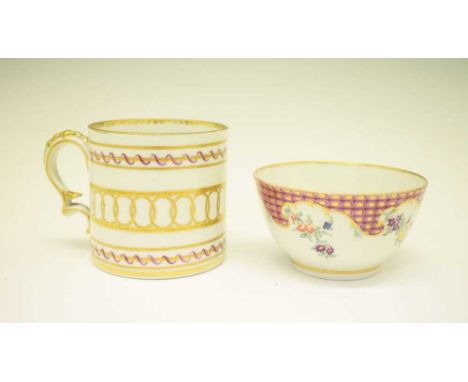 Champions Bristol, cylindrical mug with scroll handle, gilded and painted with banded decoration, 'x' mark to base; together 