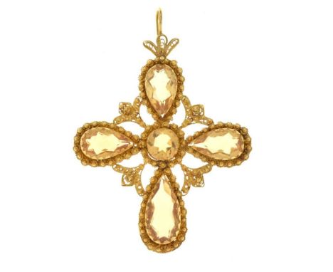 Georgian style citrine cross pendant in a cannetille mount, stamped marks to the bale,'C18' and other indistinct marks, 5.4cm