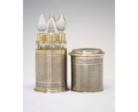 Early 20th Century French 900 silver standard cylindrical perfume bottle case and cover, with engine-turned ground within flo