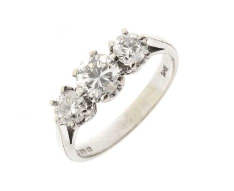 Three-stone diamond 18ct white gold ring, the brilliant cuts totalling approx 1.2 carats, size N, 3.7g gross approxCondition 