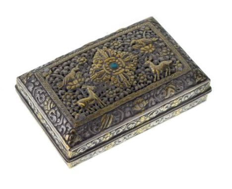 White metal sweetmeat box, the hinged lid having pierced decoration of animals and birds, cm wide, grams approxCondition repo