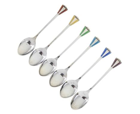 Cased set of six George VI silver spoons with enamelled Art Deco decoration, sponsors mark of Joseph Gloster Ltd, Birmingham 
