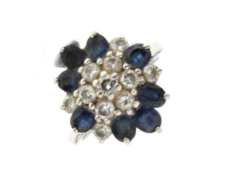 18ct white gold sapphire and diamond cluster ring, set with eleven brilliant cuts, totalling approx 0.5 carats, and eight sap