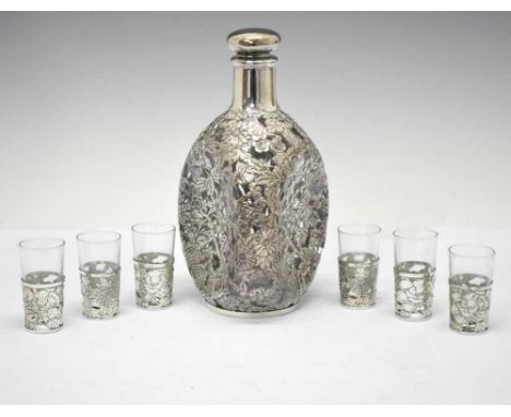 Late 20th Century Japanese white metal and glass sake decanter set comprising over-lay dimple decanter with floral decoration