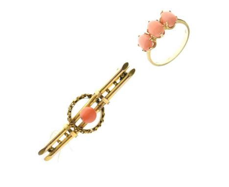 Three stone coral ring, stamped '14K', size M; with a coral bead set bar brooch, tagged '9ct', 4.5cm long, 5.3g gross approxC