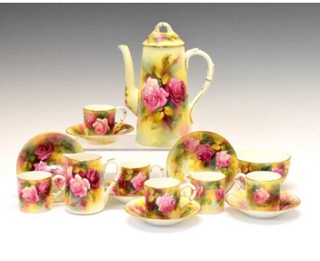 Royal Worcester - Coffee set painted with roses and foliage by Ethel Spilsbury and Millie Hunt, comprising coffee pot, six co