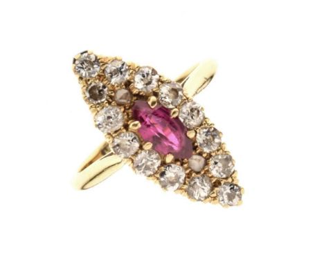 Diamond and ruby marquise cluster ring, stamped '18ct', the navette cut ruby enclosed by fourteen old brilliant cuts and two 