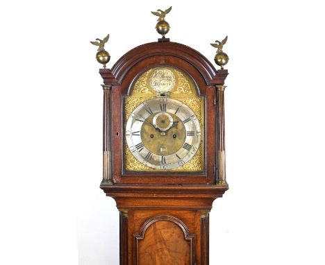 Early George III mahogany-cased 8-day brass dial longcase clock, William Beavis, London, 12-inch break-arched dial having a s