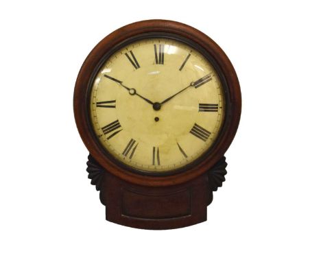 Mid 19th Century mahogany-cased single-fusee drop-dial wall clock, anonymous, 12-inch convex Roman dial, wire-driven single-t