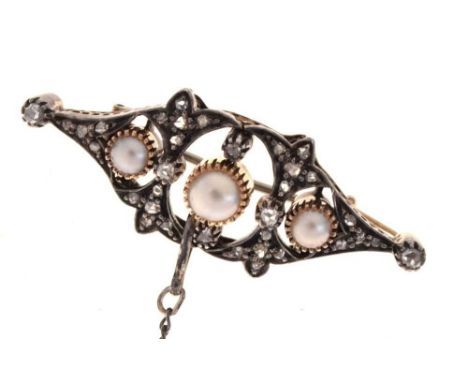 Pearl and rose diamond brooch, possibly Continental, circa 1900, the three pearls (untested and unwarranted), to a frame of r