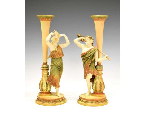 Royal Worcester - Pair of figural trumpet vases, modelled as Bacchus carrying his thyrsus and a Bacchante with tambourine, af