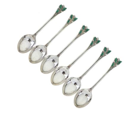 Cased set of six George V silver spoons with enamelled oak leaf and acorn decoration, sponsors mark possibly W &amp; G Sisson