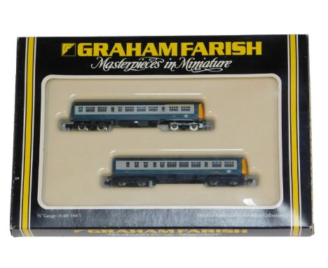 A Graham Farish N gauge two car 57ft diesel motor unit class 101 DMBS motorised and DTC BR blue and grey, boxed.