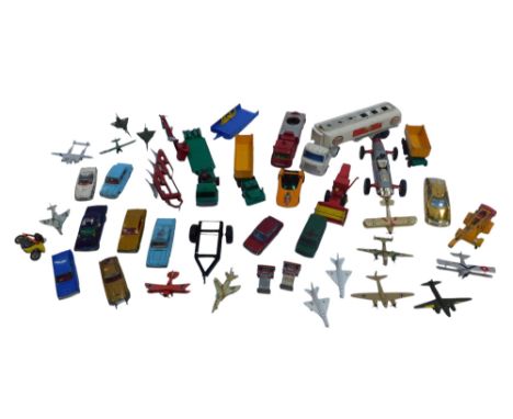 Corgi, Matchbox, Dinky and other diecast vehicles, including an Esso tanker, Dodge truck, fighter planes, and motor cars, pla