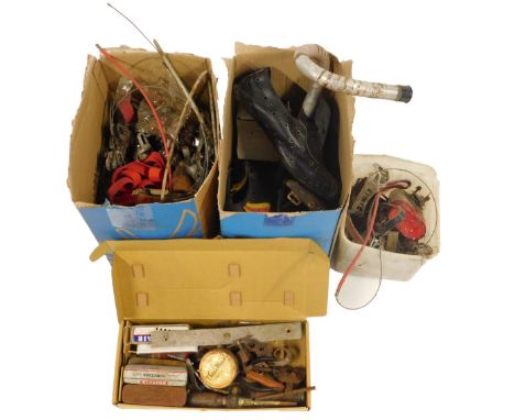 Vintage cycling apparel, including shoes, together with pedals, lights, tool kit and spares. 