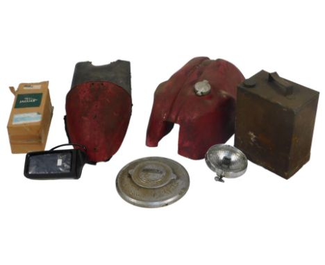 A petrol tank, possibly from a Norton Dominator, a seat, also possibly from a Norton Dominator, oil can, Lucas Fog Ranger hea