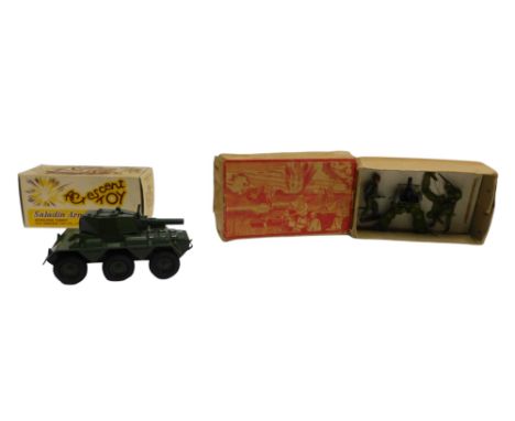 A Crescent Toys painted lead machine gun, together with two figures, boxed, a Crescent Toy Saladin armoured car, boxed, toget