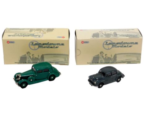 Lansdowne Models 1:43 scale LDM36 1952 Morris Minor Series two door, and an LDM 79 1936 Railton Cobham Saloon in mid green. (