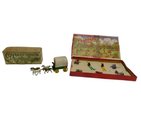 A Charbens painted lead set, depicting Native Americans, boxed, together with a Modern Product lead covered wagon, boxed. 