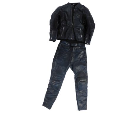An Alpine Stars black leather motorbike jacket, size Medium, together with a pair of Dannisport leather trousers, size UK 32.