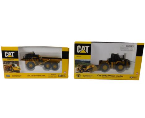 Norscott Scale Models diecast, including 55073 CAT 725 articulated truck, and 55027 CAT 980G wheel loader, boxed. (2)
