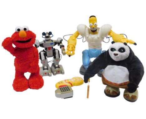 A Robosapian Homer Simpson, a Kung Fu Panda battery operated Po, a Tickle Me Elmo, and a San Francisco Toy Maker's Ramone the