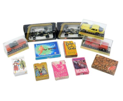 Corgi and Dinky diecast and cards, including Corgi 154 John Player Special Lotus, Dinky Aston Martin DB5, Dinky Jenson FF, Di