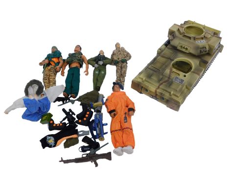 An Action Man Pursuit battle tank, together with Action Man and Hasbro military figures, guns, etc. 