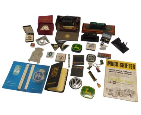 Railway and motoring related ephemera, including a Caterpillar Earth Mover Performance Handbook, an RAC Welcome Pack with bad