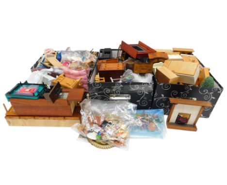 Various doll's house furniture, to include chest of drawers, rocking chair, stove, longcase clock, fireplace and surround, et