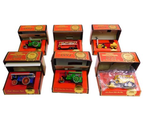 Matchbox Models of Yesteryear diecast, including 1923 Scania Vabis post bus, 1905 Fowler Showman's engine, 1894 Aveling Porte