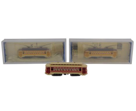 Bachmann N gauge trolley cars, including 61098 yellow brill trolley number 36, Main Street trolley car, boxed. 