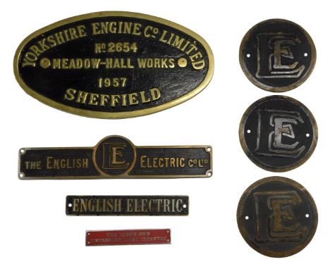English electric brass engine plates, including Yorkshire Engine Company Limited number 2654 Meadow Hall Works 1957 Sheffield