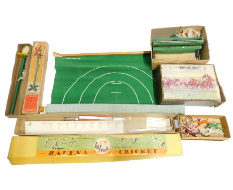 Bygone games, including Balyna Disc Bat Cricket, boxed, Chad Valley The Climbing Miller Game, and Chad Valley Escalado, boxed