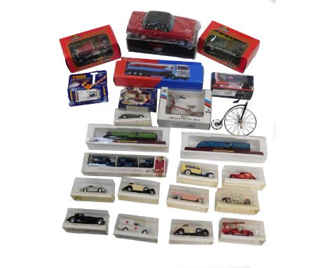 A Burago diecast Mercedes Benz SSK (1928), Jaguar XK 120 Roadster (1948), Ichiko Mercedes Benz 250SC Coupe, The Revival Impre