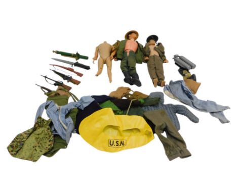 Three Palitoy Action Man figures, one lacking head, together with various clothing and accessories. 
