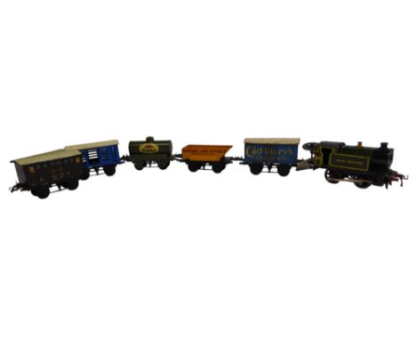 Hornby O gauge clockwork locomotive and rolling stock, including 0-4-0 Great Western locomotive 6600 Cadbury's Chocolate van,