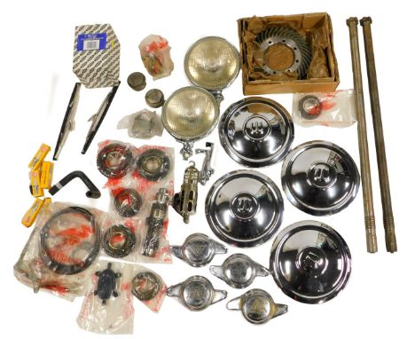 Various car parts, to include gear shaft, Lucas and other car headlights, etc. (a quantity)