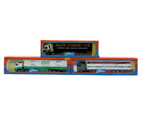 Techno 1:50 scale diecast tractors and trailers, including Eddie Stobart Seadon Atkinson cab and curtain sider, Volvo FH12 ca