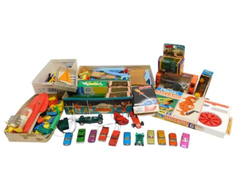 Various toys, to include plastic animal figures, Scalextric race cars, various Matchbox diecast vehicles, Miniature Models se