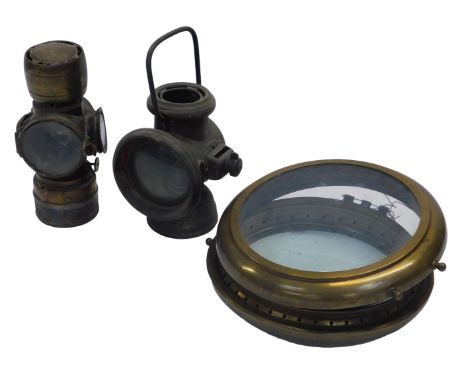 Various lamps, including a P&amp;H motor lamp, a Lucas King of the Road backlight, and two lamp glasses. (4)