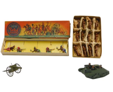 A group of painted lead soldiers and related items, comprising a W Britain Royal Artillery gun and ammunition, boxed, a Brita